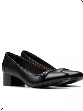 Clarks Black Leather Mid Block Heel Pumps with Subtle Strap